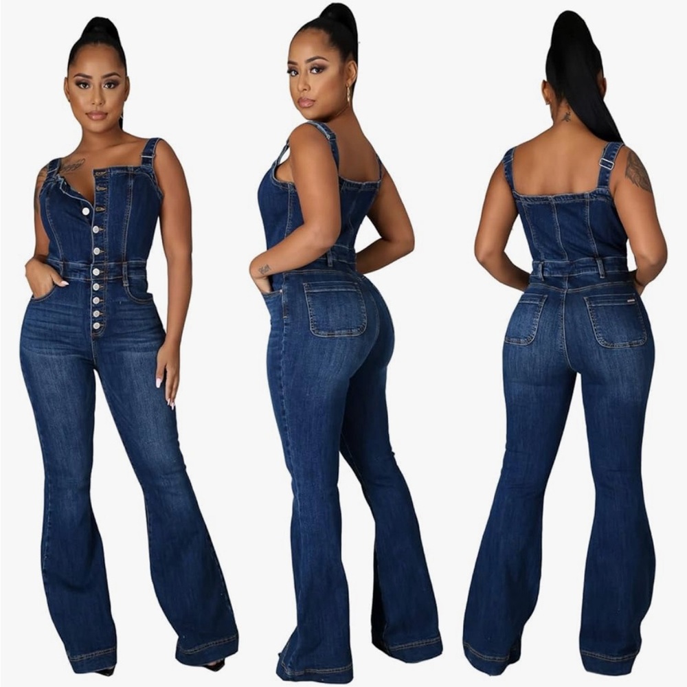 New Women's Denim 1-Piece Overalls/Wide Leg Sleeveless Jumpsuit